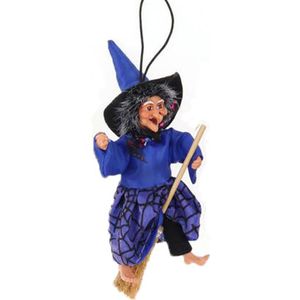 Halloween decoratie heksen pop - vliegend op bezem - 10 cm - zwart/blauw - Halloween poppen