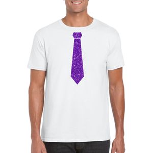 Toppers Wit fun t-shirt stropdas met paarse glitters heren - Feestshirts