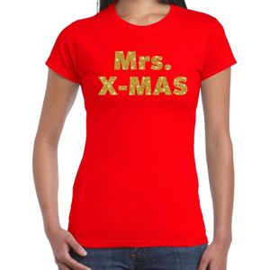 Rode foute Kerst t-shirt mrs x-mas gouden letters voor dames - kerst t-shirts