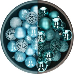 Kerstballen - 74x st - turquoise blauw en ijsblauw - 6 cm - kunststof - Kerstbal