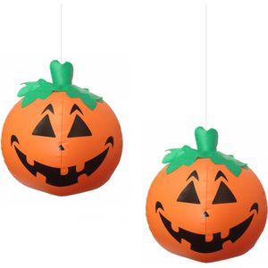 Halloween LED pompoen - 2x - oranje - opblaasbaar - ophangbaar -  24 cm - Opblaasfiguren
