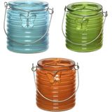 Citronella kaars - in windlicht - 3x - blauw/groen en oranje - 20 branduren - citrusgeur - geurkaarsen