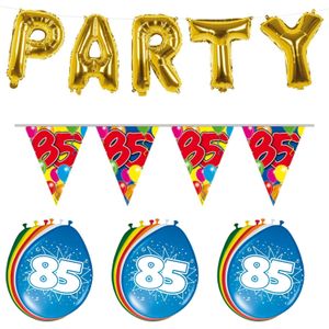 Verjaardag feestversiering 85 jaar PARTY letters en 16x ballonnen met 2x plastic vlaggetjes - Vlaggenlijnen