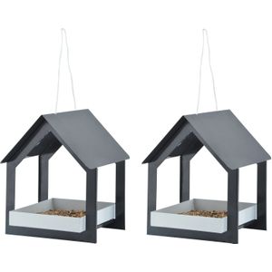 2x Stuks Metalen Vogelhuisjes/Voedertafels Hangend Antraciet 23 cm - Voerschalen Voor Tuinvogeltjes