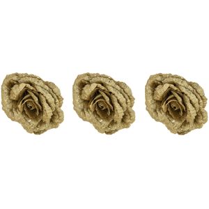 4x stuks decoratie bloemen roos goud glitter op clip 18 cm - Decoratiebloemen/kerstboomversiering/kerstversiering