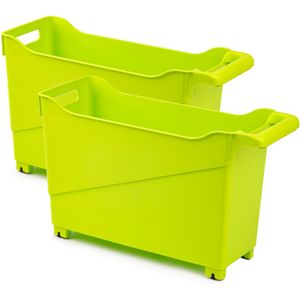 Set van 4x stuks kunststof trolleys lime groen op wieltjes L45 x B17 x H29 cm - Voorraad/opberg boxen/bakken