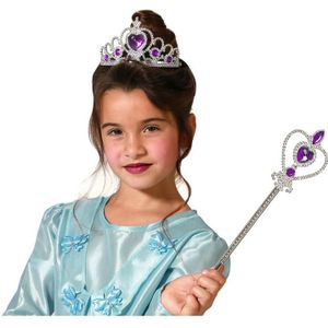 Carnaval verkleed Tiara/diadeem - Prinsessen kroontje met toverstokje - zilver/paars - meisjes - Verkleedhoofddeksels