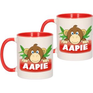 4x stuks aapie beker / mok - rood met wit - 300 ml keramiek - apen bekers