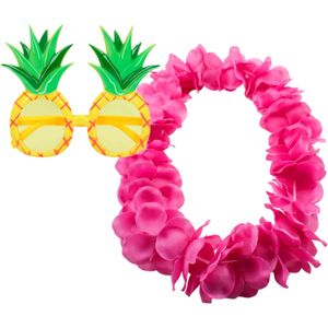 Tropische Hawaii party verkleed accessoires set - Ananas zonnebril - bloemenkrans fuchsia roze - Verkleedkransen