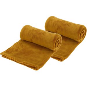 Fleece dekens/plaids - 2x - oker geel - 130 x 150 cm - Plaids