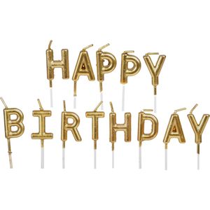 Verjaardagskaarsen set - Happy Birthday - goud - 10 cm - Taartkaarsen