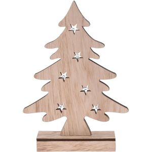 Kerstversiering houten mini kunst kerstboom 28 cm met verlichting - Houten kerstbomen
