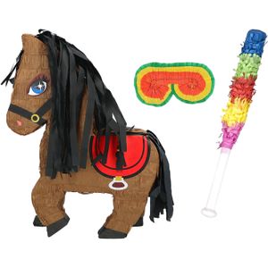 Verjaardag Pinata Paard - 45 x 33 cm - papier - set met stok en masker - bruin en kleuren - Pinatas