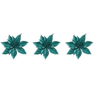 3x Kerstbloemen versiering emerald groene glitter kerstster/poinsettia op clip 15 cm - Kersthangers