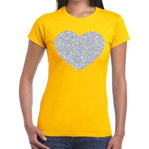 Zilveren hart glitter t-shirt geel dames - Feestshirts