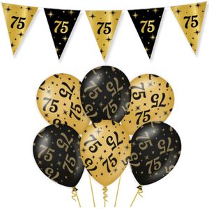 Leeftijd verjaardag feestartikelen pakket vlaggetjes/ballonnen 75 jaar zwart/goud - Feestpakketten