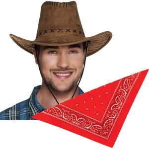 Carnaval verkleedset cowboyhoed Elroy bruin - met rode hals zakdoek - voor volwassenen - Verkleedhoofddeksels