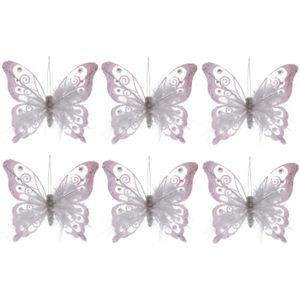 6x Witte decoratie vlinders op clip 15 cm - Woondecoratie/hobby/kerstboomversiering vlinders