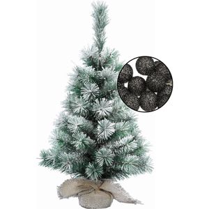 Mini kunst kerstboom besneeuwd -incl. lichtsnoer bollen zwart- H60 cm - Kunstkerstboom