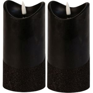 Led wax stompkaarsen - 2x - zwart - H15 x D7,5 cm - warm wit licht - 3D lont