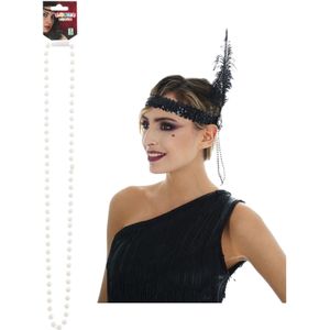Carnaval verkleed accessoire set - dames hoofdband en parelketting - charleston/jaren 20 stijl - Verkleedhaardecoratie