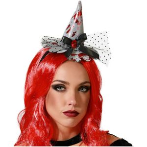 Halloween heksenhoed - mini hoedje op diadeem - one size - zilver/bloed - meisjes/dames - Verkleedhoofddeksels
