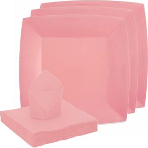 Feest/verjaardag servies set 10x bordjes/25x servetten - roze - karton - Feestbordjes