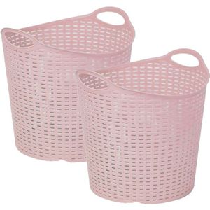 Gevlochten wasmand/opbergmand - 2x - flexibel - roze - 27 liter - rond - kunststof - Wasmanden