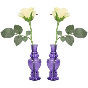 Bloemenvaas Venice - 2x - voor kleine stelen/boeketten - gekleurd glas - ribbel paars - D5,7 x H15 c - Vazen