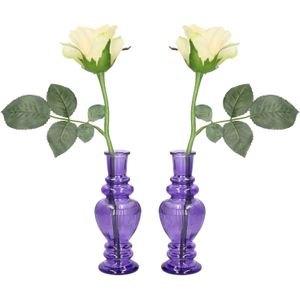 Bloemenvaas Venice - 2x - voor kleine stelen/boeketten - gekleurd glas - ribbel paars - D5,7 x H15 c - Vazen