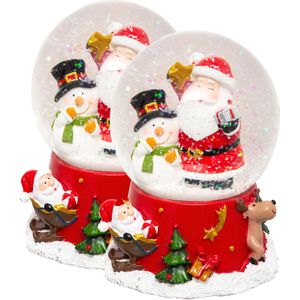 Sneeuwbol/snowglobe - 2x - rood - met kerstman en sneeuwpop - 10,5 cm - beeldje - Sneeuwbollen