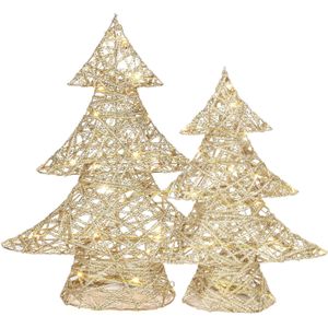 Decoratie kerstboompjes - 2x st - goud - met verlichting - H35 en h48 cm - Kunstkerstboom