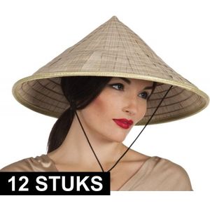 12x Chinese stro hoeden met punt - Verkleedhoofddeksels