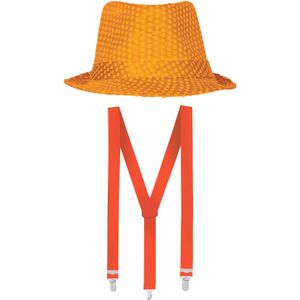 Carnaval verkleed set - hoedje en bretels - oranje - volwassenen - Verkleedattributen