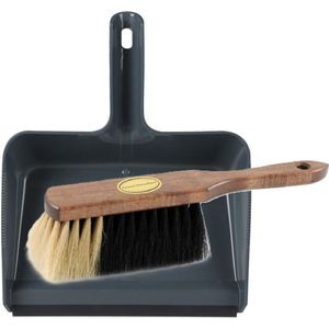 Stoffer en blik set Freya - blik kunststof - blauw - 38 x 30 cm - borstel hout/paardenhaar 29 cm - Stoffer en blik