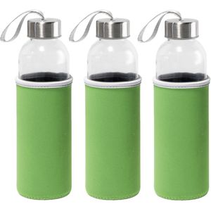 3x Stuks glazen waterfles/drinkfles met groene softshell bescherm hoes 520 ml - Drinkflessen