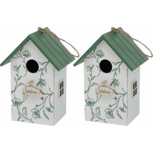 2x Vogelhuisje/nestkastjes wit/groen hout 22 cm - Vogelhuisjes