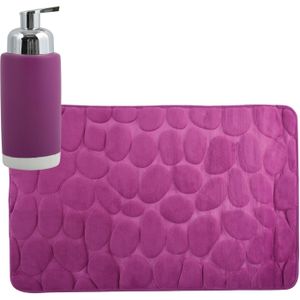 MSV badkamer droogloop mat/tapijt Kiezel motief - 50 x 80 cm - zelfde kleur zeeppompje 260 ml - paars