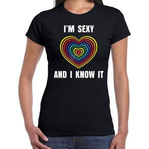 Regenboog hart Sexy and I Know It gay pride zwart t-shirt voor dames - Feestshirts