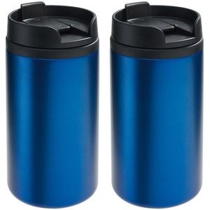 2x Thermosbekers/warmhoudbekers metallic blauw 290 ml - Thermo koffie/thee isoleerbekers dubbelwandig met schroefdop