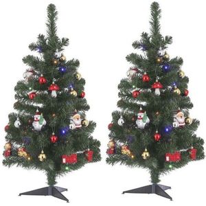 Set van 2x stuks complete kunst kerstbomen/kunstbomen met versiering en verlichting 90 cm - Kunstkerstboom
