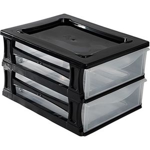 Ladeblokje/bureau organizer 2x grote lades - zwart/transparant - L26 x B35 x H20 cm - kunststof - Ladeblok