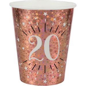 Verjaardag feest bekertjes leeftijd - 10x - 20 jaar - rose goud - karton - 270 ml - Feestbekertjes