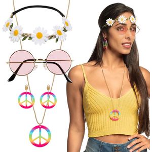 Carnaval verkleed set Hippie - zonnebril/ketting/oorbellen/hoofband - dames - Verkleedbretels