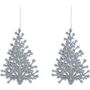 2x stuks kunststof kersthangers kerstboom zilver glitter 15 cm kerstornamenten - Kersthangers