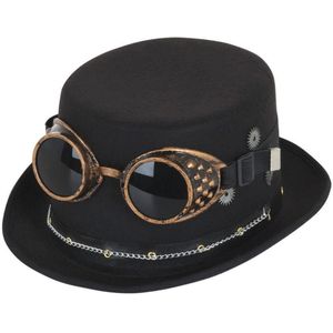 Steampunk hoed - met bril en ketting - zwart - polyester - voor volwassenen - Verkleedhoofddeksels