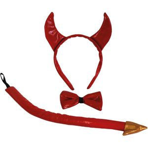 Duivels verkleed setje - hoorntjes diadeem en staart/strik - rood - verkleed accessoires - Verkleedhoofddeksels