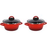Set van 2x stuks rvs rode kookpan/pan met glazen deksel 20 cm 5 liter - Kookpannen