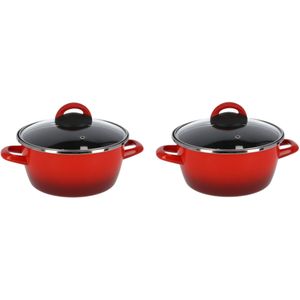 Set van 2x stuks rvs rode kookpan/pan met glazen deksel 20 cm 5 liter - Kookpannen