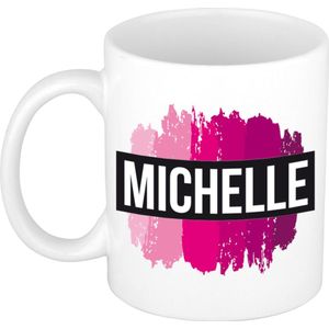 Naam cadeau mok / beker Michelle  met roze verfstrepen 300 ml - Naam mokken